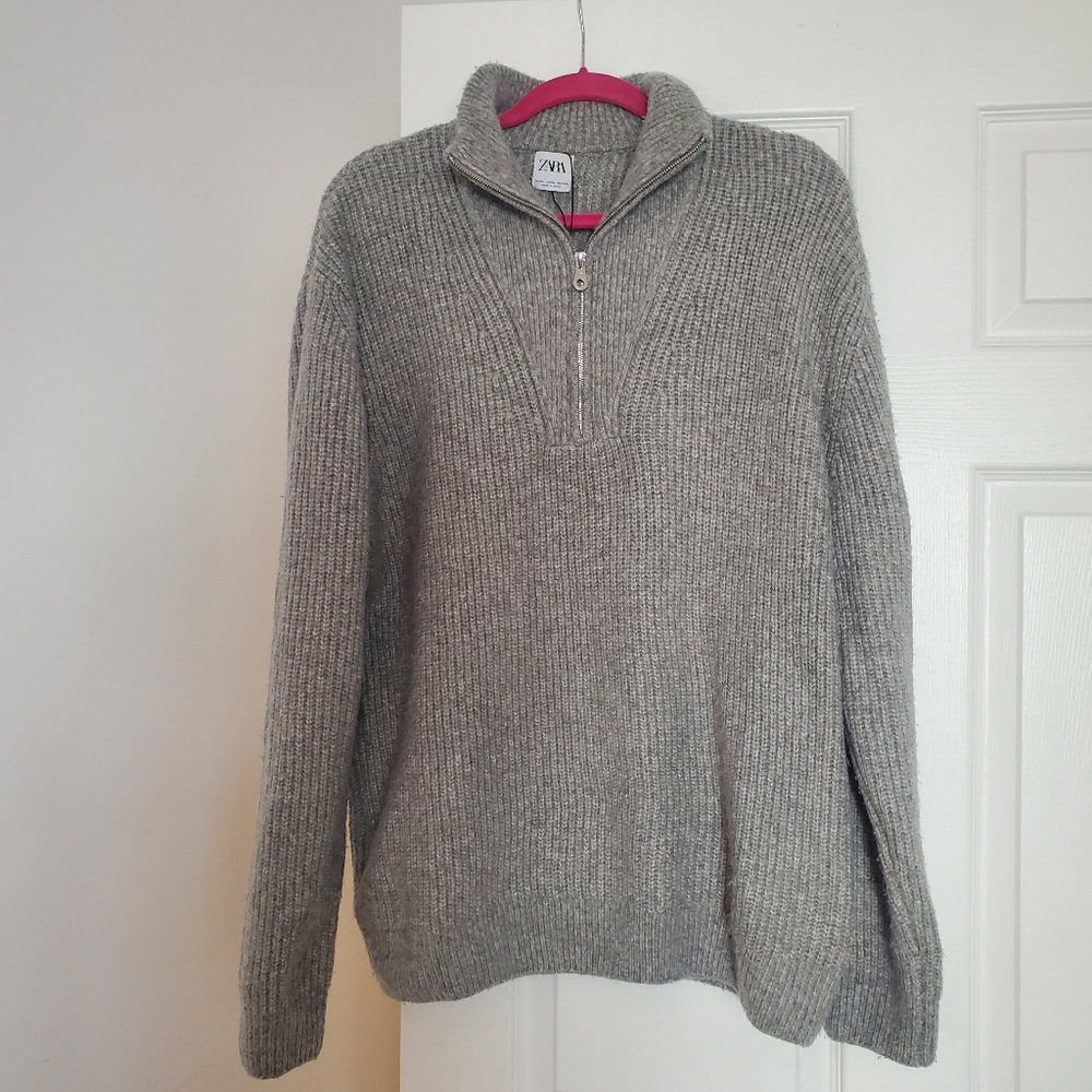 Zara Man's Gray 1/4 Zipped Wool Blend Knit Sweater